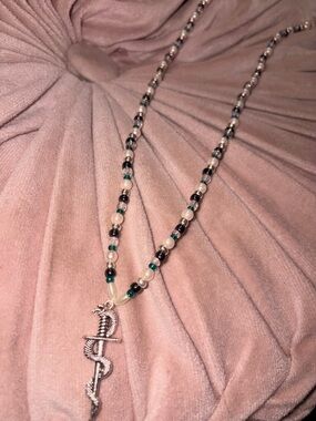 Beaded Snake Pendant Necklace - Green, Pearl & Silver